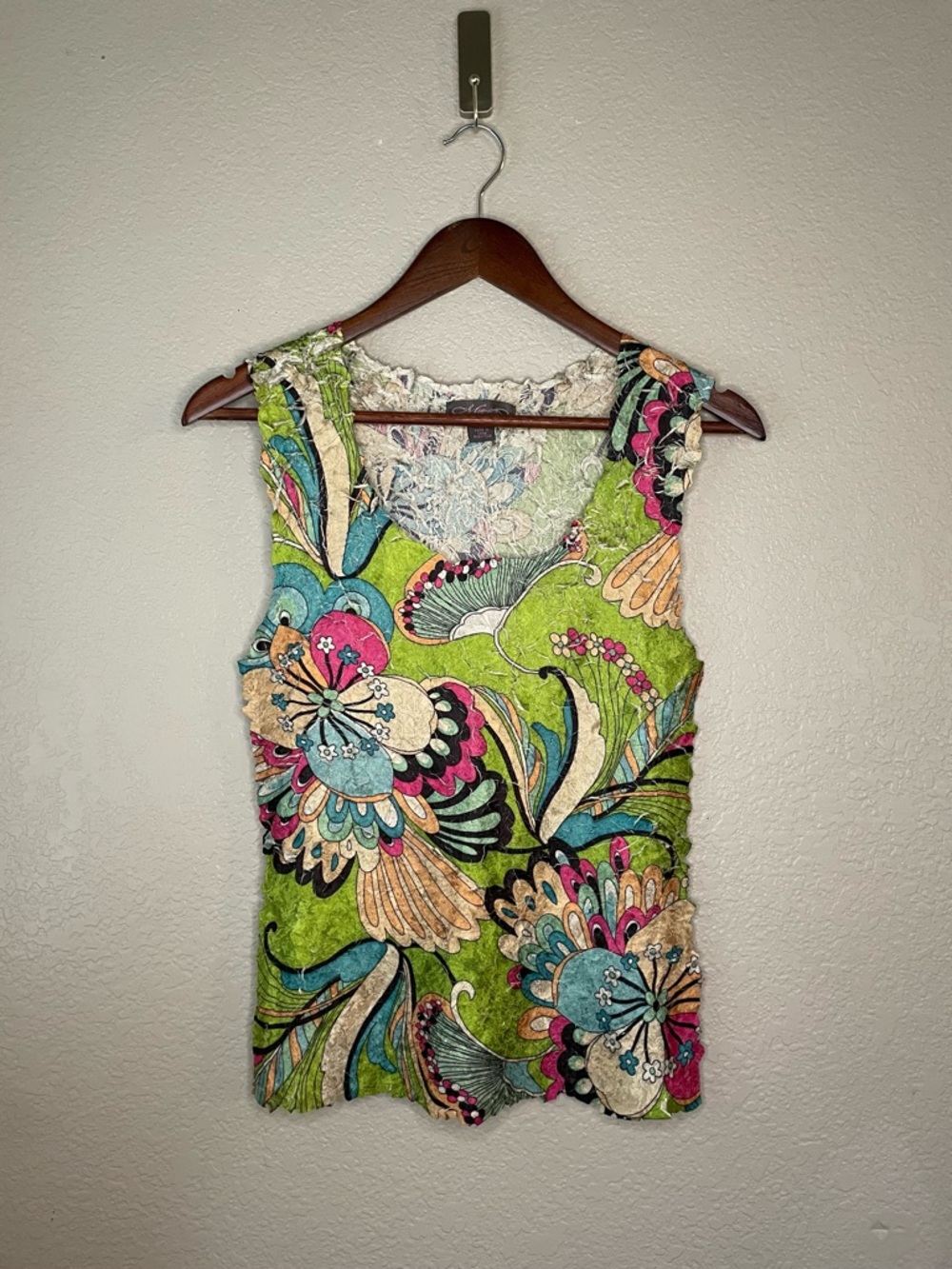 90s Y2K Vintage Medium Crinkle Floral Stretchy Colorful Artsy Boho Tank Top